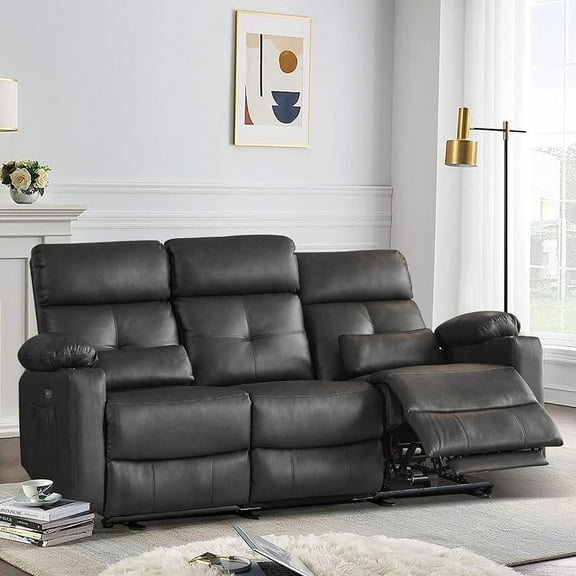 Recliner Sofa, Power Reclining Sofa with Heat and Massage, 3 Seater Power Recliner Couch with USB Ports, Cup Holders, Side Pockets, Faux Leather Wall Hugger Sofa Recliners for Living Room