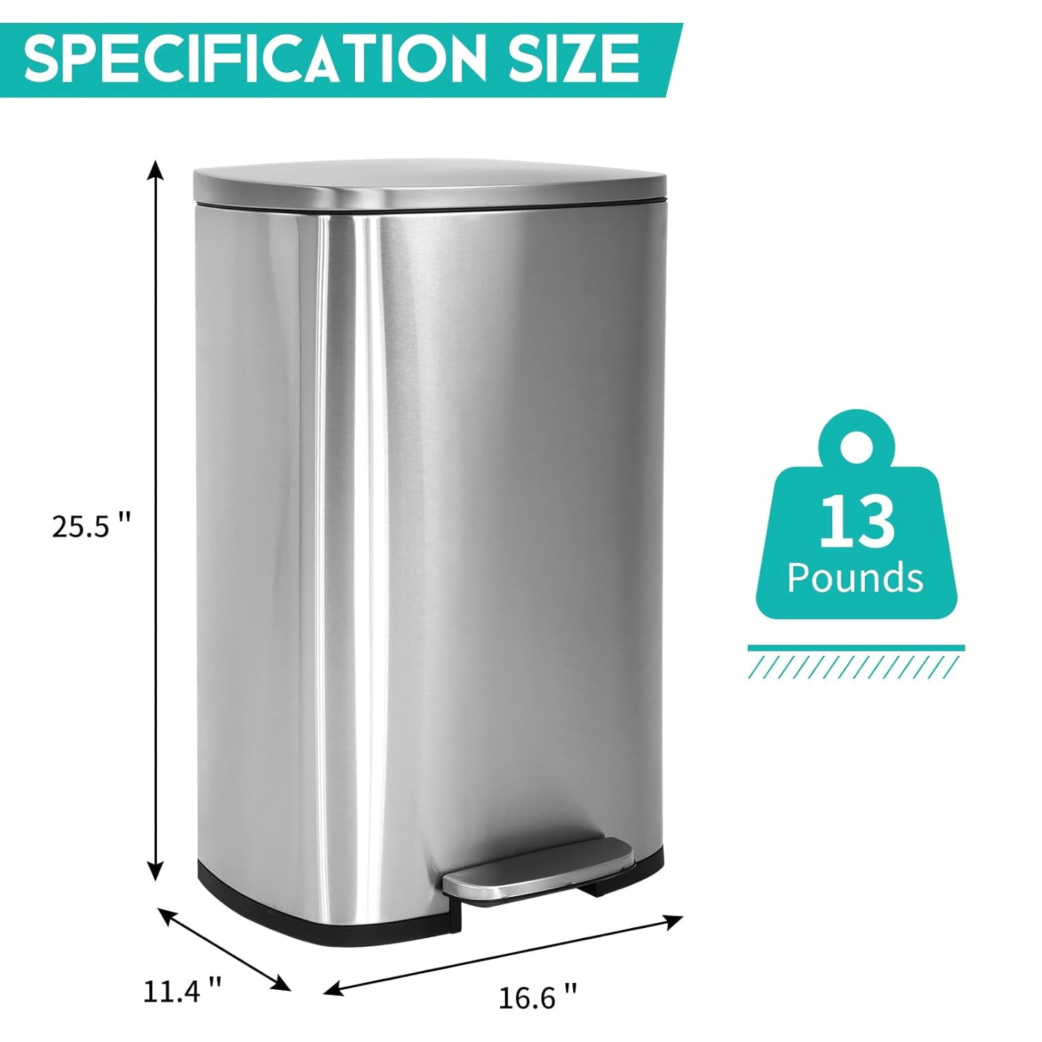 Dkelincs 13 Gallon Kitchen Trash Can with Lid Step Garbage Bin Stainless Steel Waste Bin for Home Office, Silver