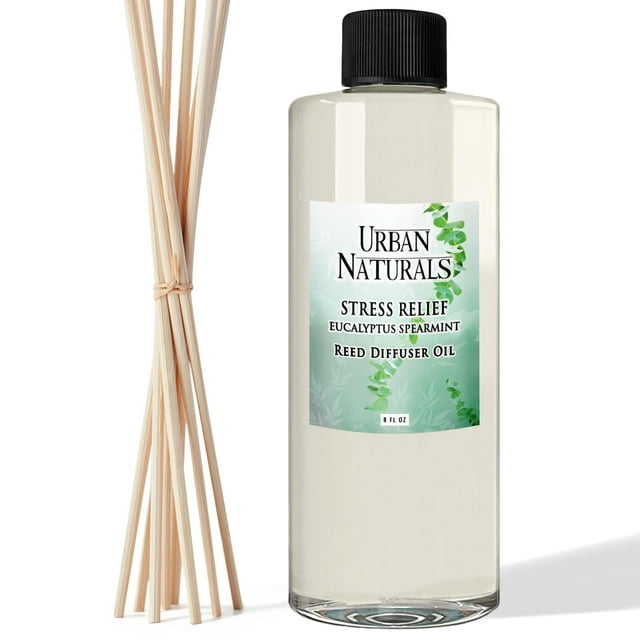 Urban Naturals Stress Relief Eucalyptus Spearmint Essential Oil Reed Diffuser Refill | Large 8 Ounce Size | Includes a Free Set of Reed Sticks! Made in The USA