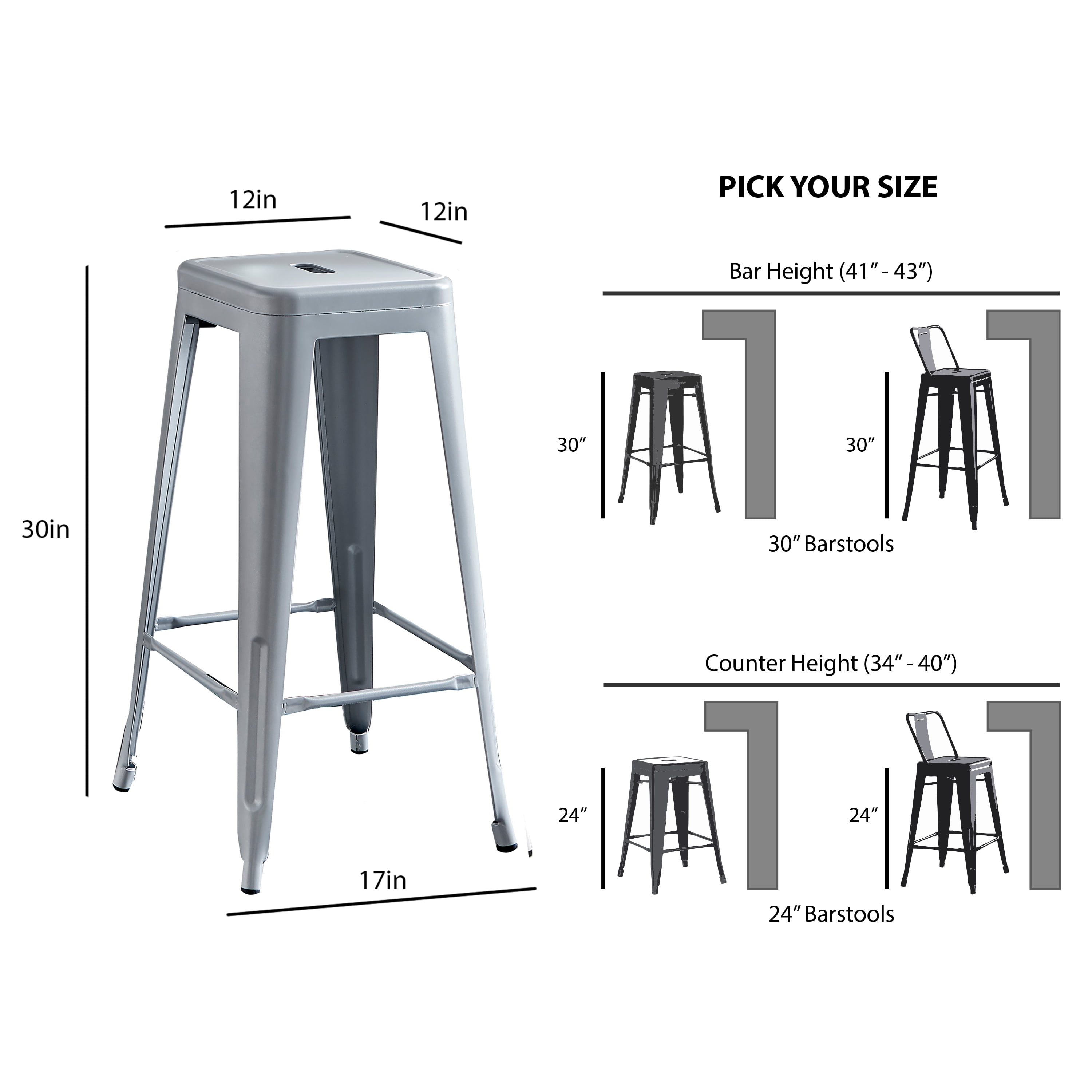 AC Pacific 30” Metal Backless Barstool Set of 4 – Country Rustic Style, Lightweight & Sturdy Build, Easy Assembly – Matte Silver
