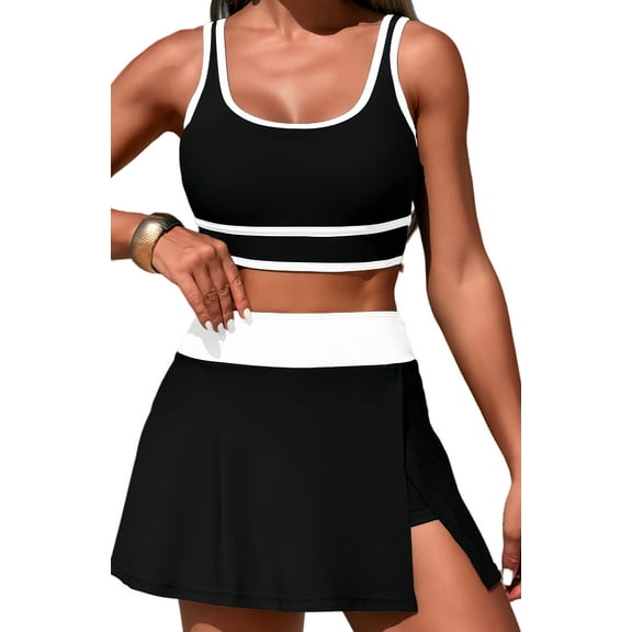 FEOYA Bikini Sets for Women Bathing Suit Modest Swimwear Two Piece Swimsuits Push Up Tennis Skirt M Black