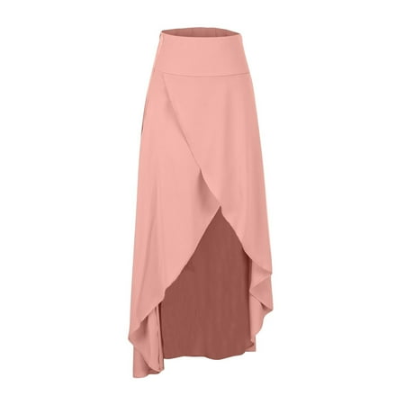 SMihono High Waist Wrap Skirt with Shorts Flowy Skirts for Women Trendy Summer Ruffle High Low Maxi Skirt with Slit Pink 10