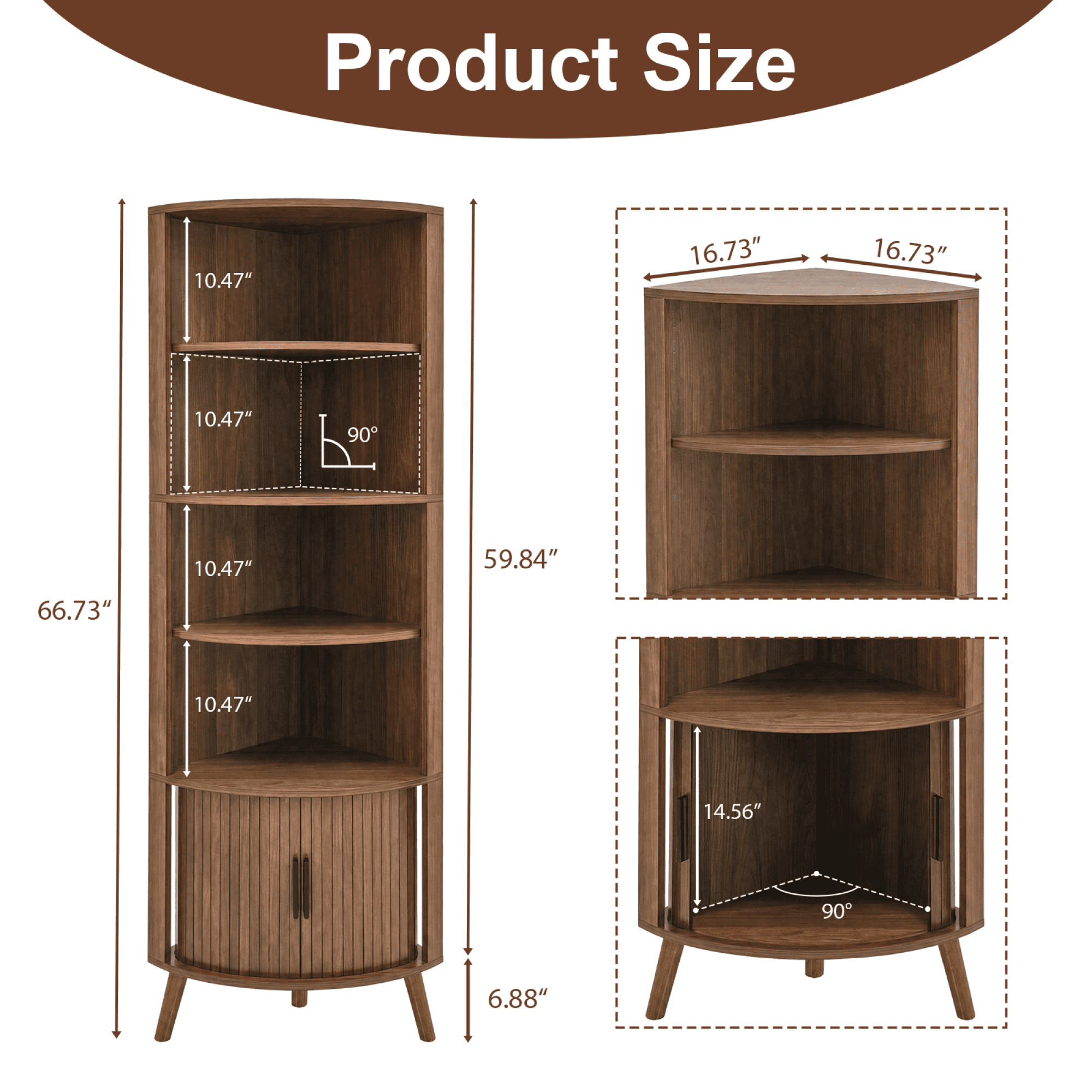 Leumius 5-Tier Corner Bookshelf, Freestanding Wood Corner Shelf with Sliding Doors & Open Shelves, Saving Space, Modern Corner Storage Cabinet for Living Room, Kitchen, Office (Walnut)