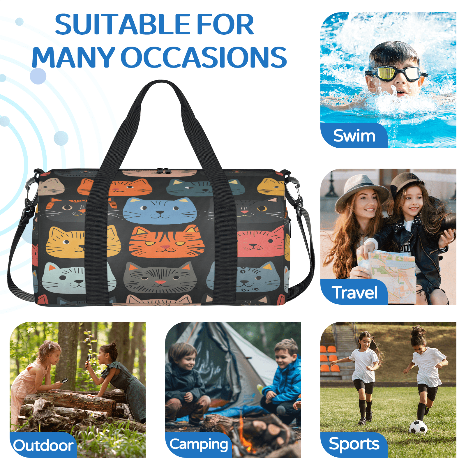 Herdesigns Cute Cartoon Cat Gym Bag for Women, Duffle Bag for Travel Sport, Lightweight Waterproof Carry on Weekender Overnight Dance Yoga Workout Bags