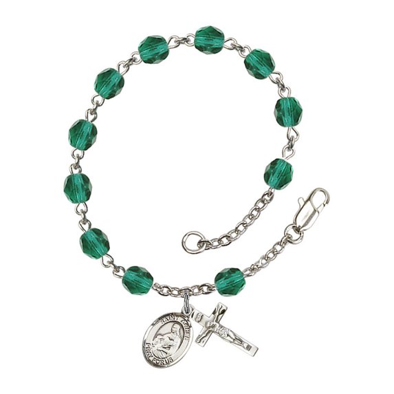 St. Agnes of Rome Silver Plate Rosary Bracelet 6mm December Blue Fire Polished Beads Crucifix Size 5/8 x 1/4 medal charm