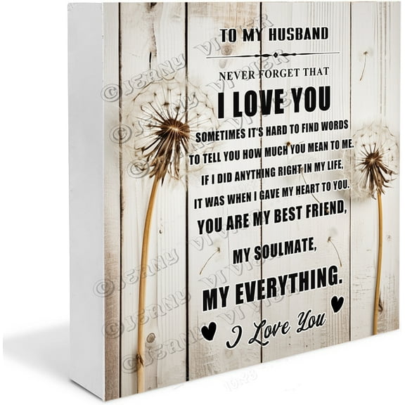 Dandelion to My Husband,Husband Gifts for Birthday Christmas Day Valentine's Day Father's Day from Wife Rustic Farmhouse Wooden Box Sign Desk Decor Decorative Sign for Table Shelf 7"x7"