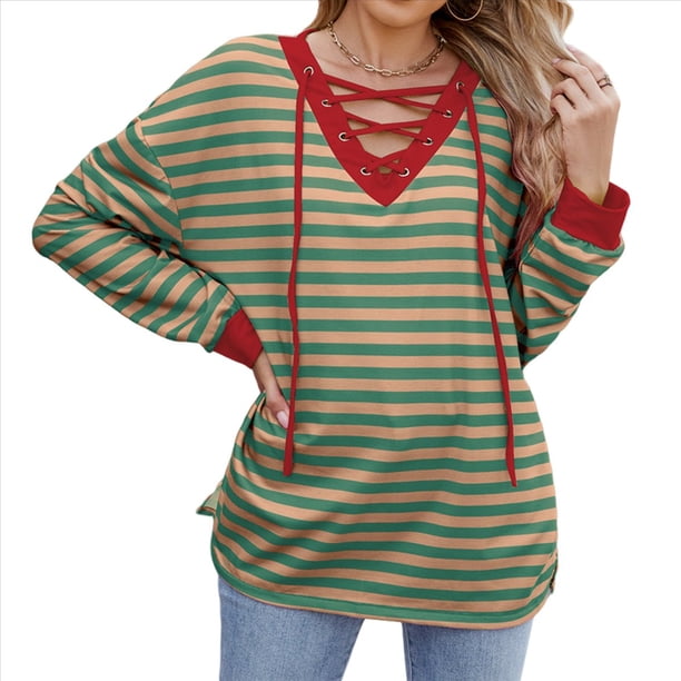 Sudadera Holgada Informal de Larga con Cuello Redondo y Bloques de Color para Mujer Verde Caqui XL