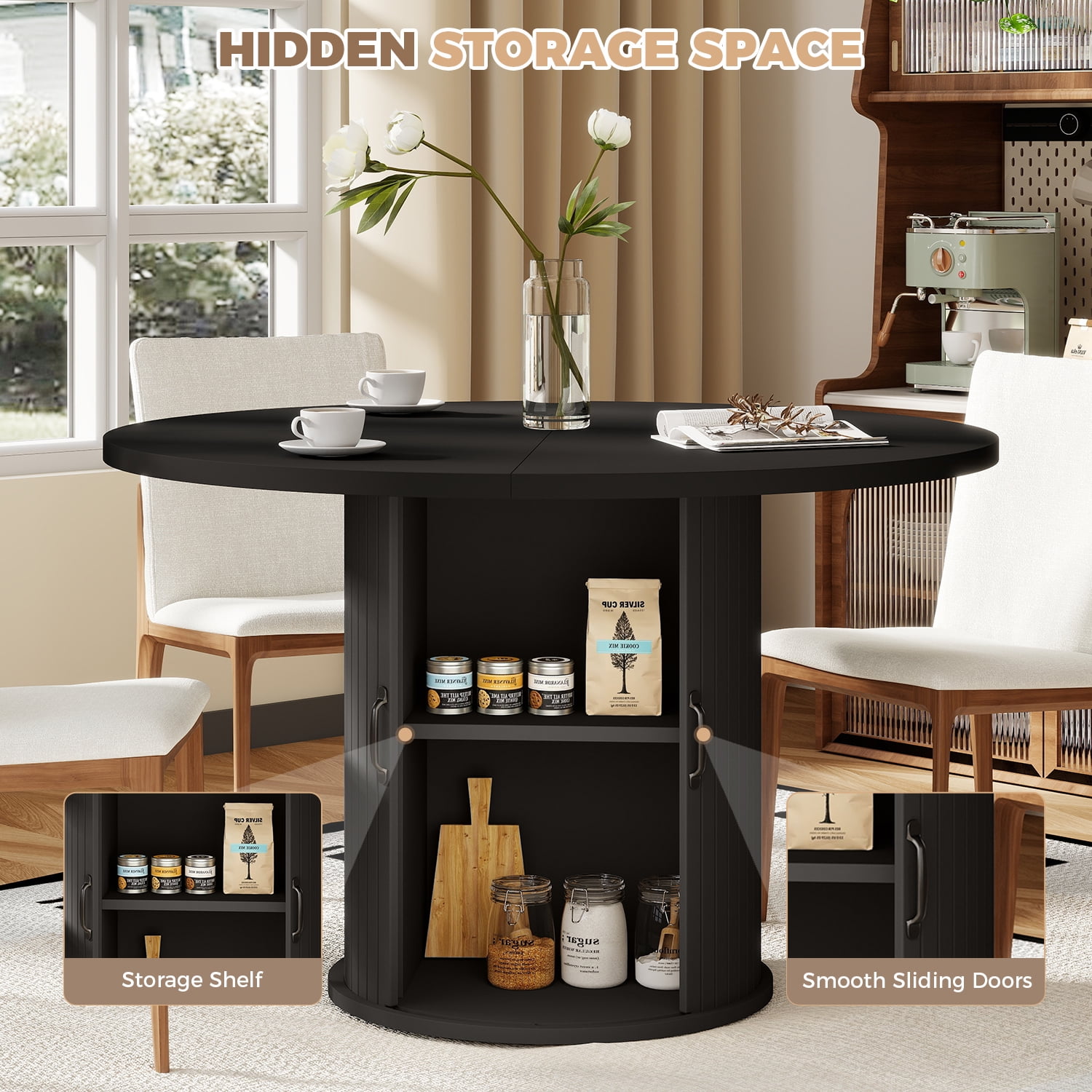 BaPiPro 47" Large Round Dining Table for 4 Person, Modern Farmhouse Kitchen Table with Hidden Storage for Dining Room, Black