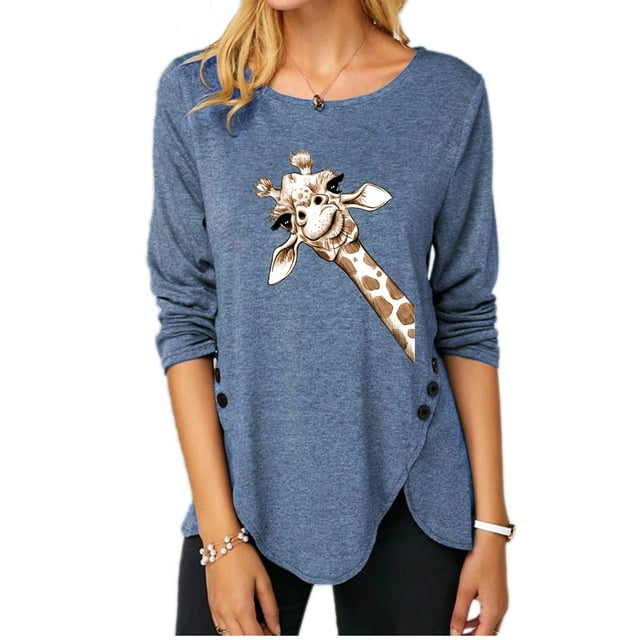 Women's Irregular Button Long Sleeve Round Neck Print T-shirt