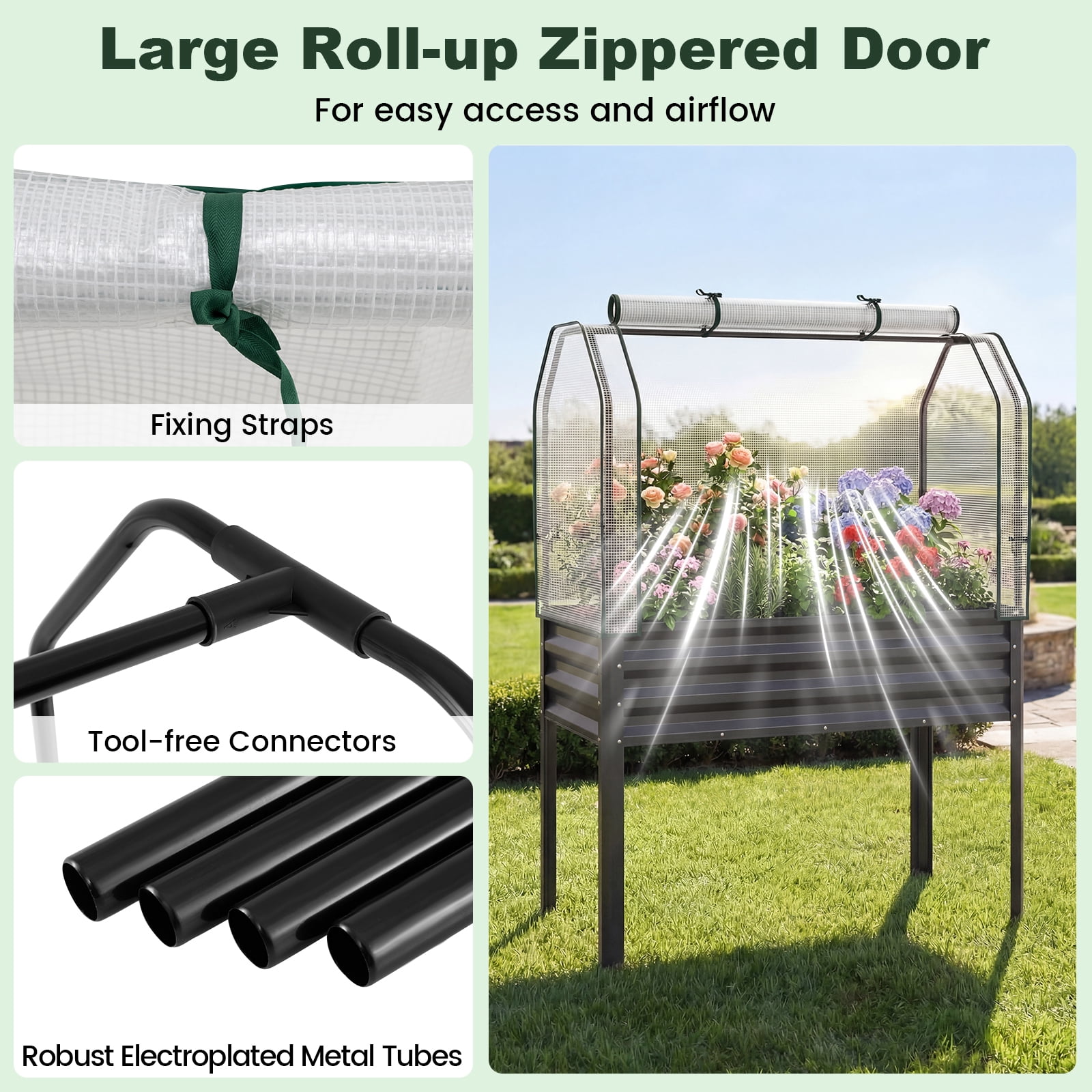 Costway 1 PCS Galvanized Raised Garden Bed with Legs Greenhouse Cover Roll-up Door for Vegetable Gray