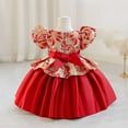thumbnail image 5 of Delliss Girls Vintage Crew Neck Bubble Sleeve Trendy Princess Dress Red 18 Months, 5 of 6