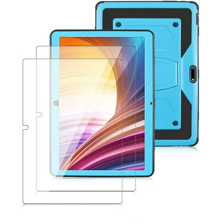SOATUTO for Dragon Touch Max 10 Plus Case with Screen Protector T empered Glass Film Hybrid Built Stand for ANTEMPER、Meize K105、Flying TECH、Victbing、FEONAL、Wecool、HOOZO 10 inch Tablet-Blue+2 Pcs
