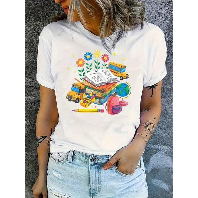 T-Shirt Décontracté à Manches Courtes et Col Rond pour Femmes, Imprimé Créatif de Dessin Animé, Polyester Tricoté, Motif Géométrique, Ajustement Confortable Toutes Saisons, Vêtements de Sport Décontractés pour Dames, Fête des Pères, Fête des Mères
