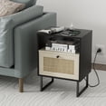 thumbnail image 4 of Boho Night Stand, Small Rattan Side Table, Wood Functional Nightstand with Drawer and Charger, 4 of 7
