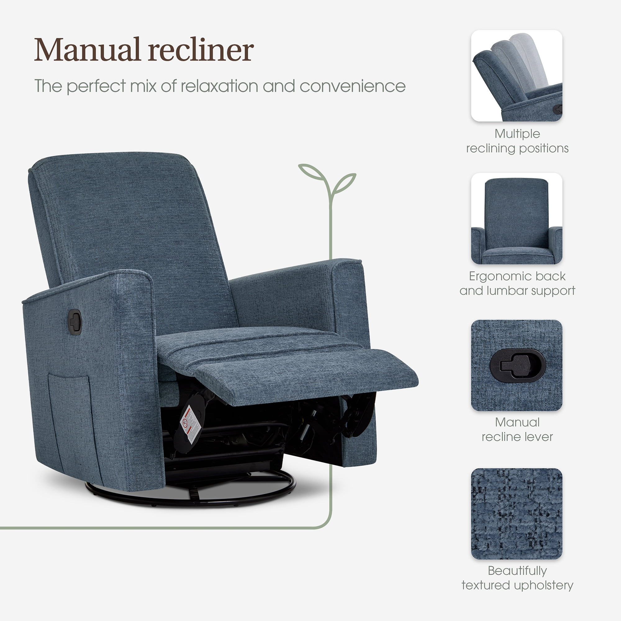 Evolur Raleigh Basic Glider |Recliner| Rocker, Blue Fog
