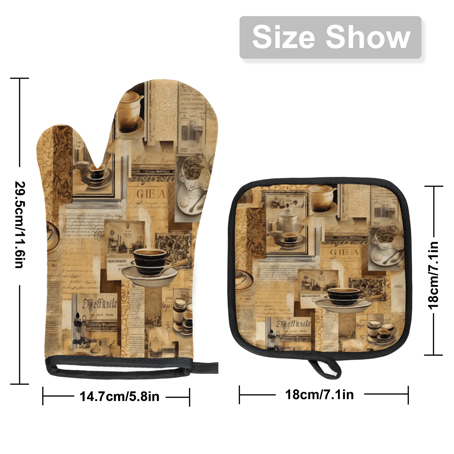 CURLYOOT Vintage Coffee Oven Mitts and Pot Holders Sets of 2, Non-Slip Washable Hot Pads and Oven Gloves for Kitchen Cooking Baking