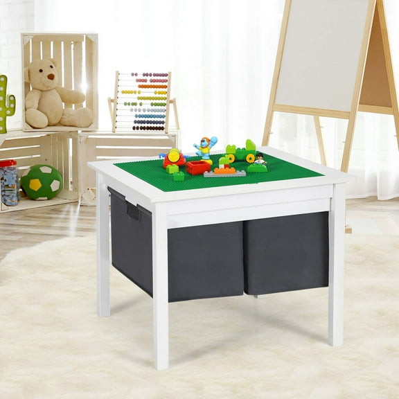 Gymax White 2-in-1 Kids Double-sided Activity Building Block Table w/ Storage Drawers