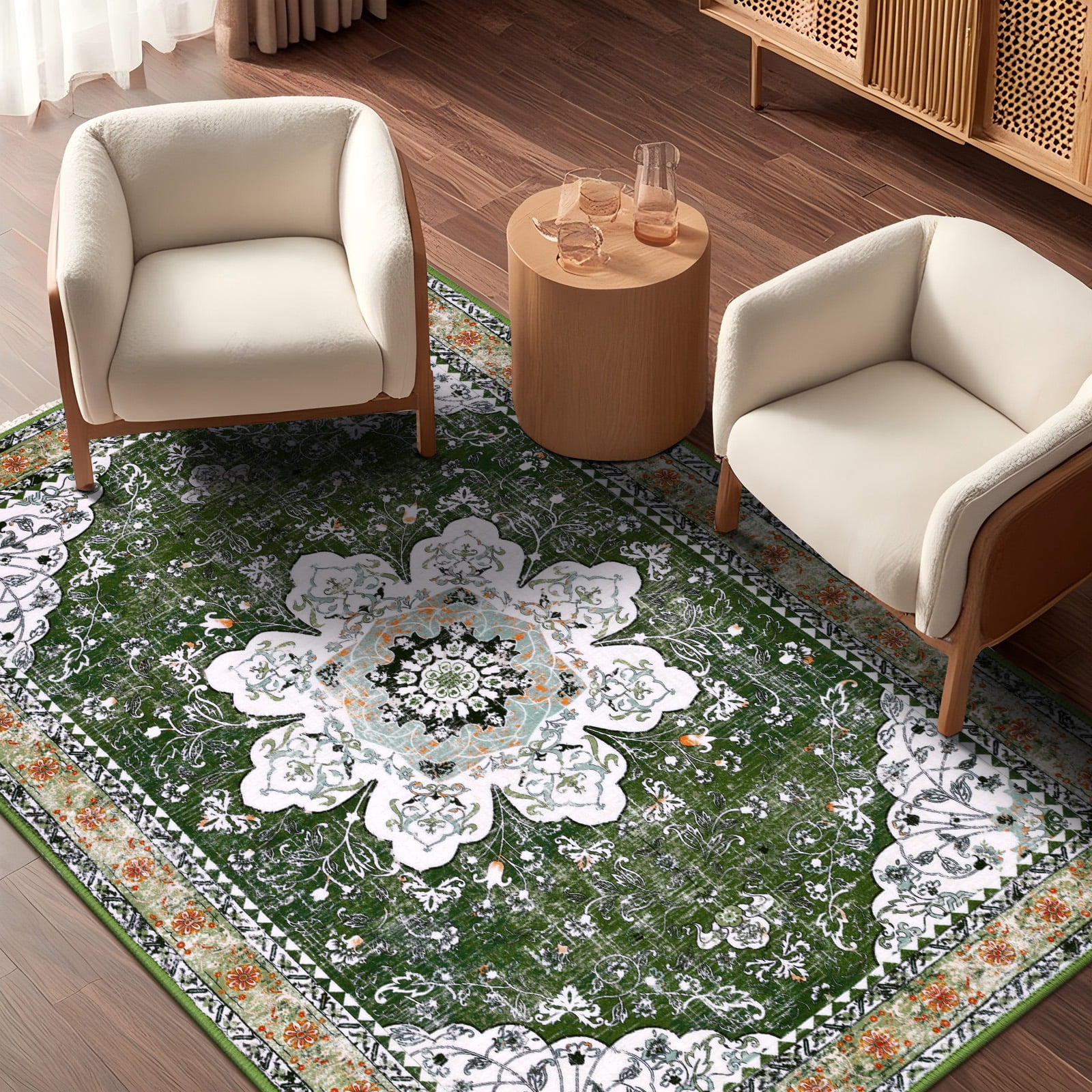 MeyJey Oriental Indoor Living Room Area Rug 5'x8', Non-Slip Machine Washable Vintage Floor Carpet for Bedroom Dining Kitchen Hallway Nursery, Green