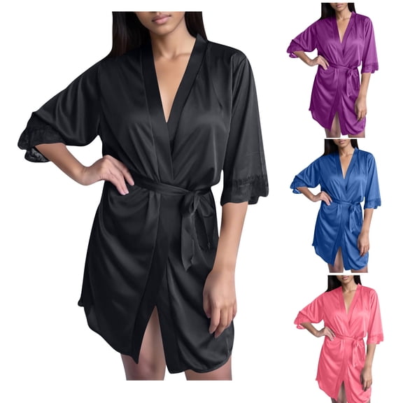 Bixock Bathrobe for Women,Pajamas for Women,Silk Robes for Women Solid Color Short Robe Satin Material Lightweight Cool Bathrobe with Pockets for All Seasons Sleepwear