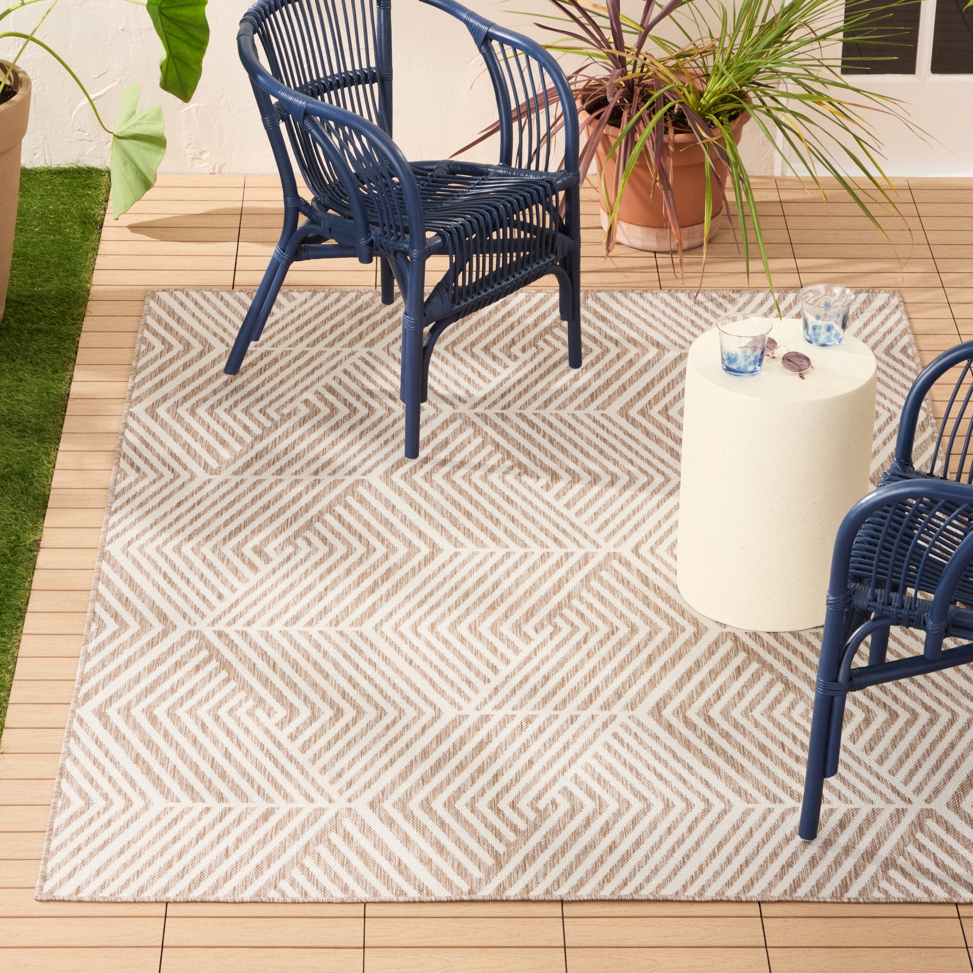 NICOLE MILLER NEW YORK Patio Country Ombre Geo Indoor Outdoor Area Rug, UV Fade Resistant, Low Pile, Beige/Cream, 9'2"x12'5"