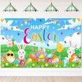 thumbnail image 1 of Pancarta de Pascua de Avezano, fondo para fotografía de Pascua, decoración de fiesta de Pascua, conejo, huevos coloridos y pollito, letrero de césped verde para jardín, 70,8 x 43,3 pulgadas, 1 of 8