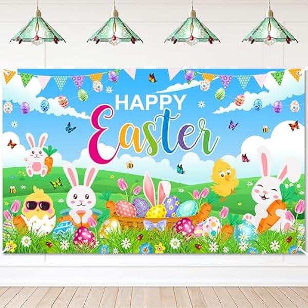 Pancarta de Pascua de Avezano, fondo para fotografía de Pascua, decoración de fiesta de Pascua, conejo, huevos coloridos y pollito, letrero de césped verde para jardín, 70,8 x 43,3 pulgadas