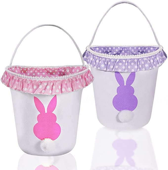 Pink + Purple Easter Bunny Basket Eggs Bags with Fluffy Tail Pink Purple Canvas Cotton Rabbit Personalized Handbag Toys Bucket Tote Bag Storage Gifts Candies for Kids Girls with Handles 