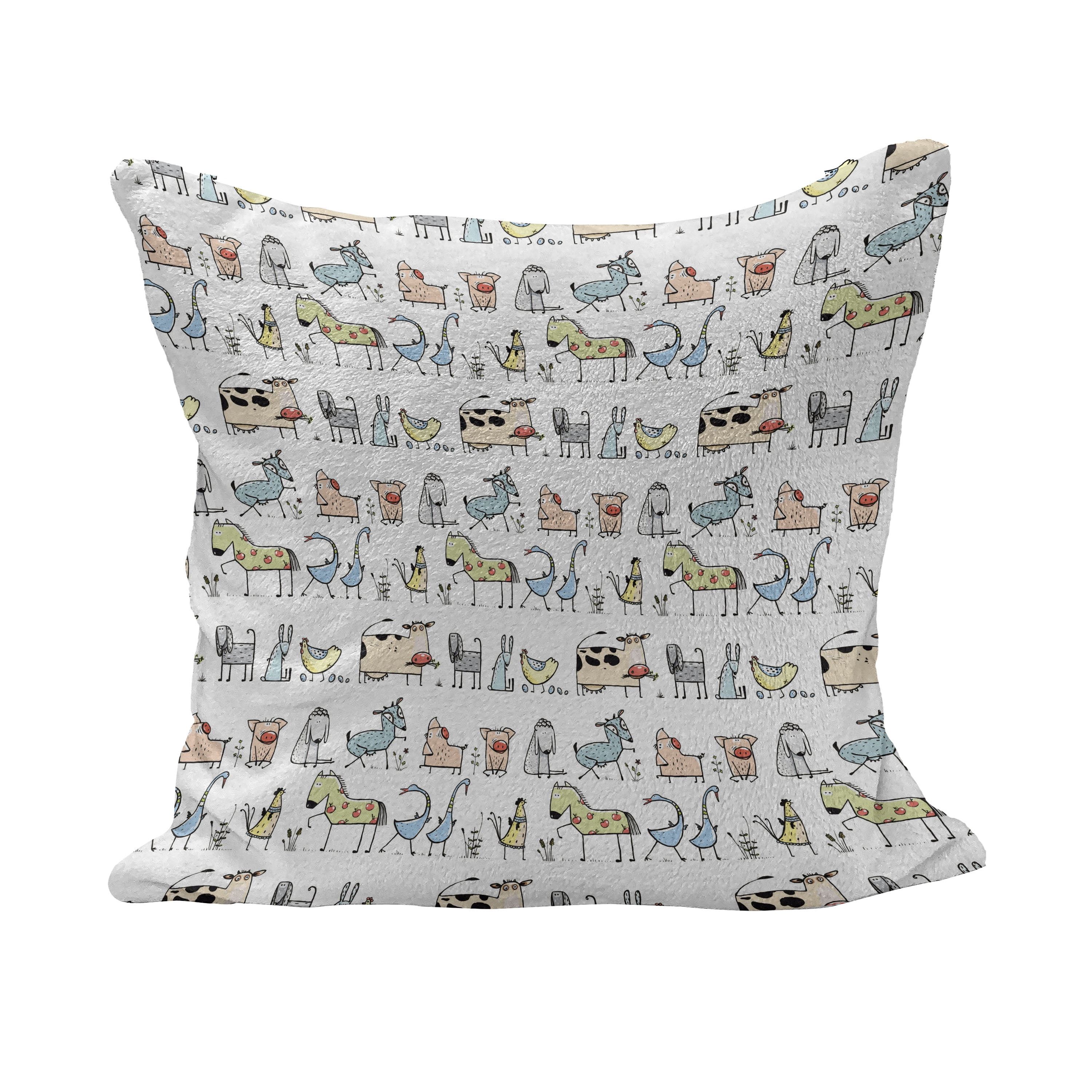Retro Fluffy Throw Pillow Cushion Cover, Cartoon Village of Domestic Animals  Goat Goose Sheep Funny Patterns, Decorative Square Accent Pillow Case, 20