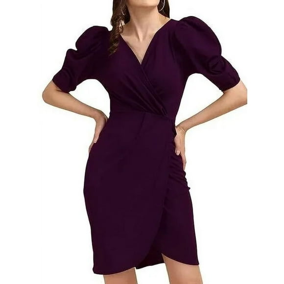 Women's Puff Sleeve V-Neck Bodycon Casual Mini Dress