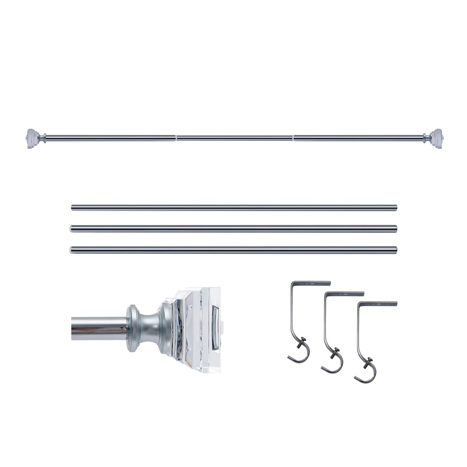 Curtain Rod Adjustable Window Drapery Rods with clear acrylic plexiglass square finials, 3piece brackets, hardware kits. Chrome 48-86 inches.
