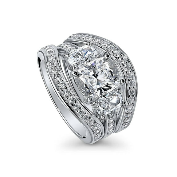 BERRICLE Sterling Silver 3-Stone Wedding Engagement Rings 2.6 Carat Cushion Cut Cubic Zirconia CZ Ring Set for Women, Rhodium Plated Size 6