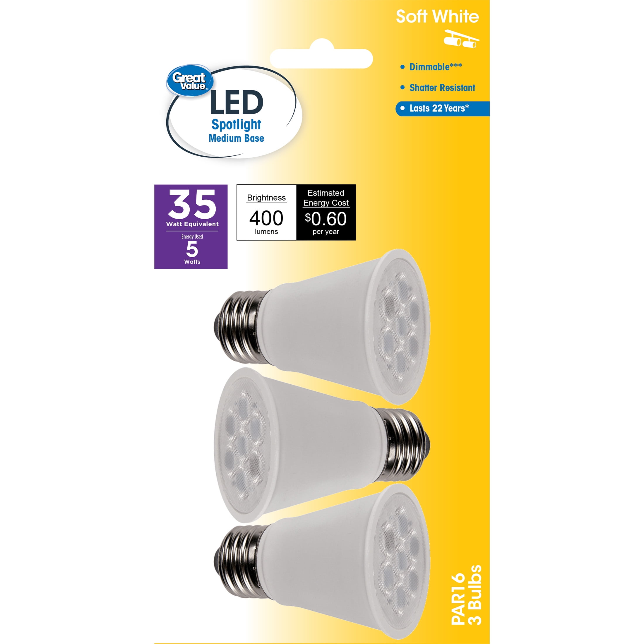 dynastie Kalmte noedels Great Value LED Light Bulb, 5 Watts (35W Equivalent) PAR16 Lamp E26 Medium  Base, Dimmable, Soft White, 3-Pack - Walmart.com