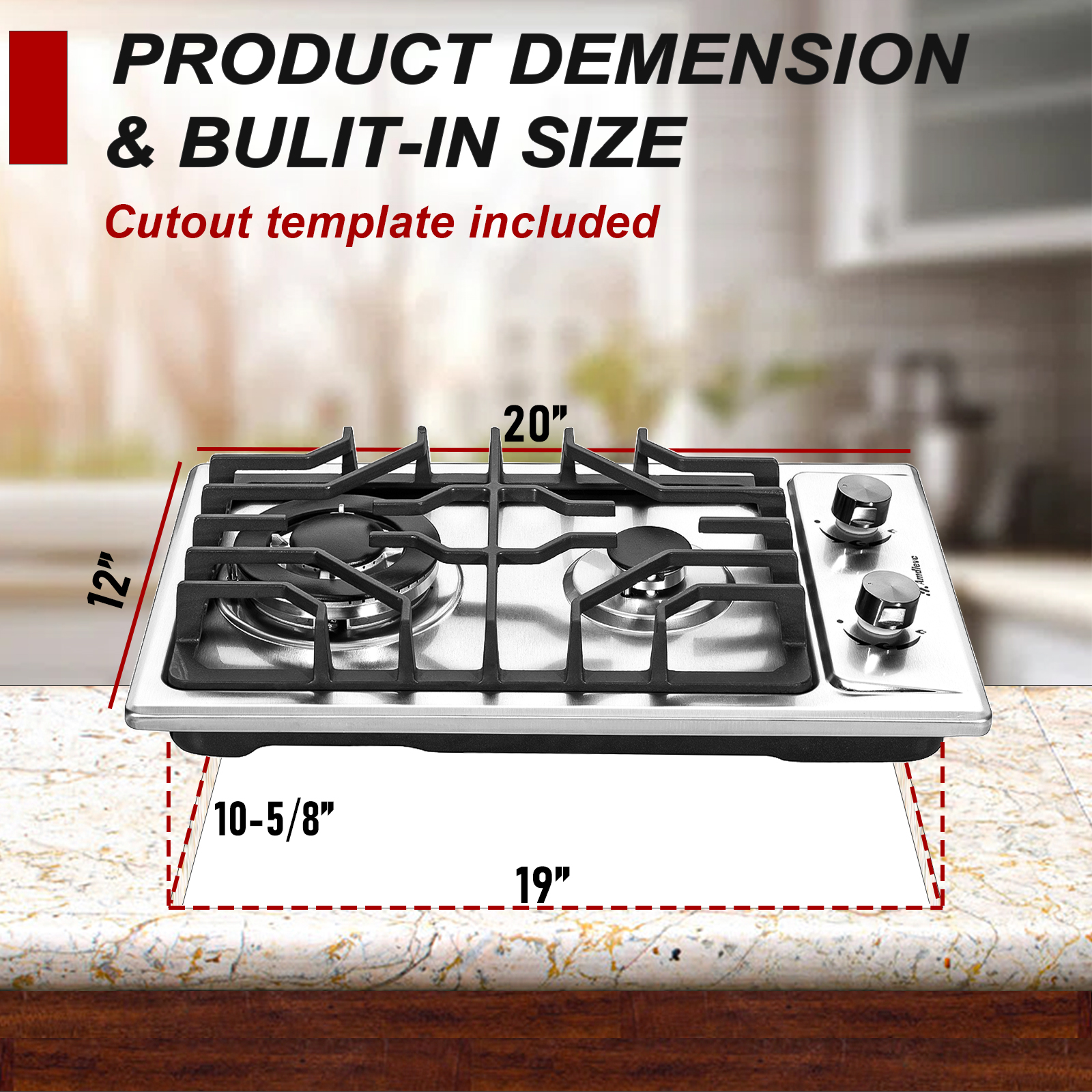 2 Burner Gas Cooktop 12 Inch, Built-in Gas Stove Top Electronic Ignition, Propane Stove 2 Burner, Thermocouple Protection