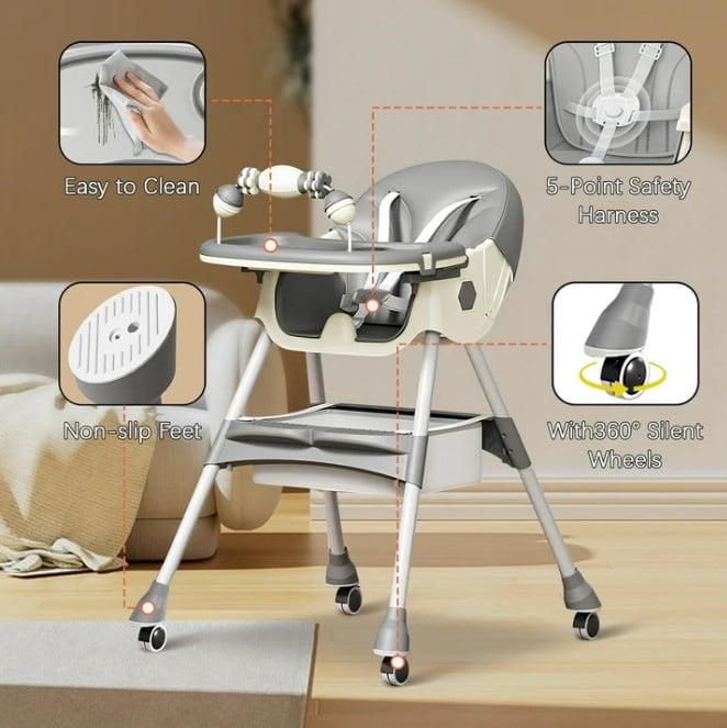LHUAI, Foldable Baby High Chair, 4 in 1 Convertible High Chairs, With 5-Point Safety Harness, Adjustable Dining Tray & Backrest & Height, Easy To Clean Surface, For Babies And Toddlers, Grey