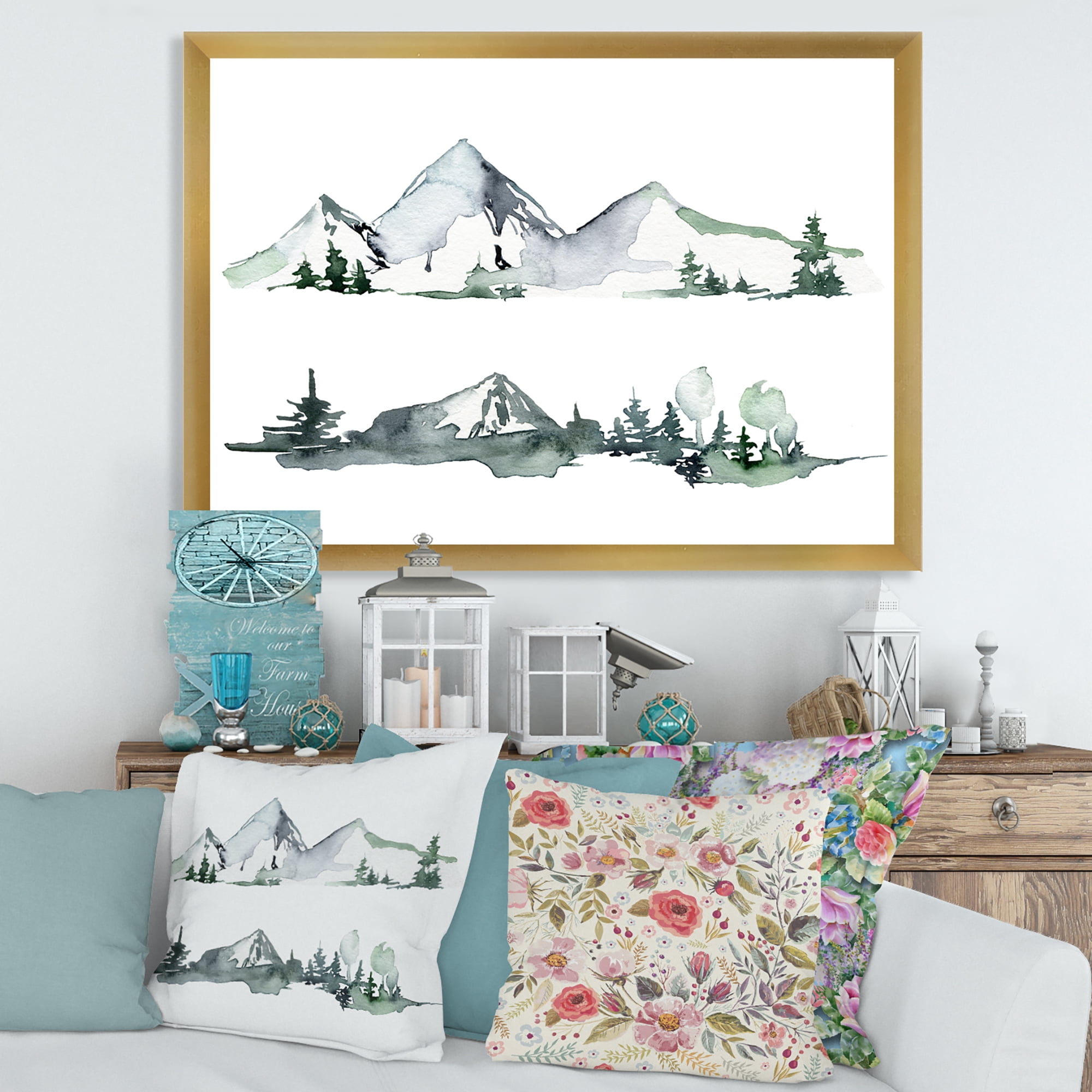 Designart 'Trees With Winter Dark Blue Mountain Landscape II' Modern Framed Art Print