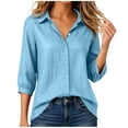 thumbnail image 4 of Women's 3/4 Sleeve Button Down Shirts Lapel Solid Color Cardigan Faux Cotton Linen Casual Loose Comfy Outwear (S, Light Blue), 4 of 6