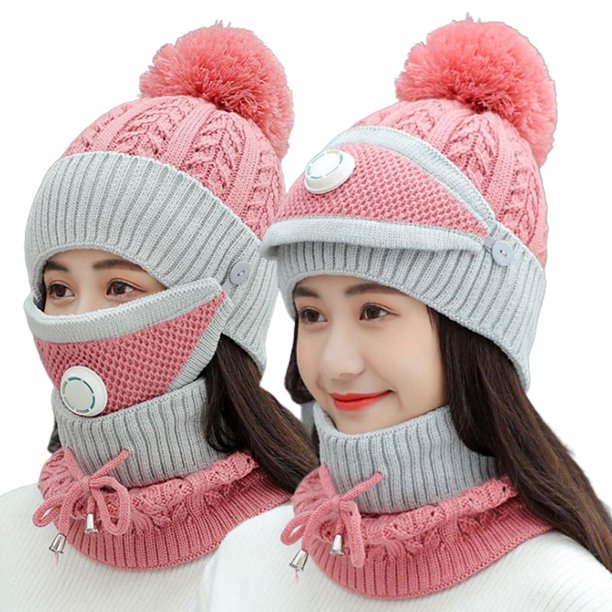 Gorro De Punto 3 En 1 Para Invierno, Conjunto De Bufanda Con Cubierta Para La Cara, Transpirable, A Prueba De Viento, Cálido, Forro Polar, Gorro Con Pompón Para Mujeres, Niñas, Ciclismo, Esquí sonducket AP008077-03