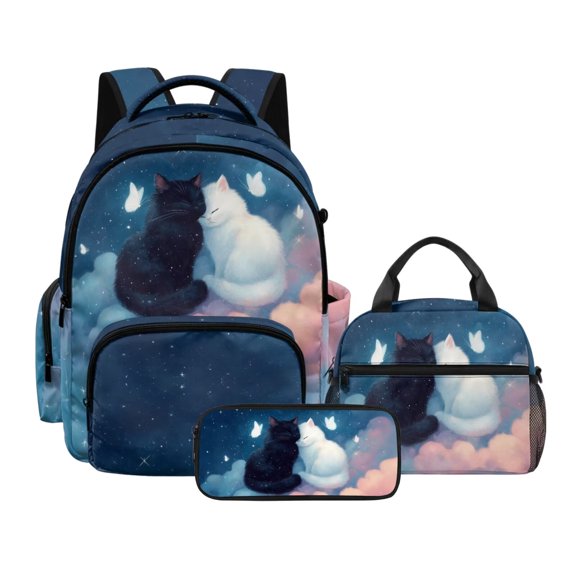 Xoenoiee Cat Butterfly Cloud Print Backpack for Kids School Bag 3-in-1 Bookbag Set with Lunch Box Pencil Case for Teen Girls Boys Schoolbag Elementary Preschool Bookbag Satchel Travel Daypack