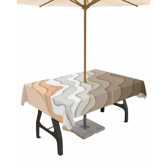 nqOlkjepod Brown Coastal Beach Outdoor Tablecloth with Umbrella Hole & Zipper, Retro Farmhouse Ocean Waves Striped Rectangle Table Cover 60x84 Inch, Dining Waterproof Table Cloth Protector for Patio