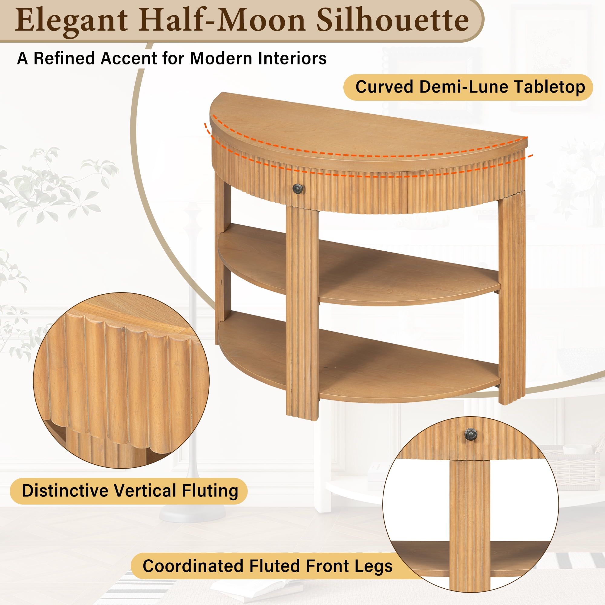Euroco Half Moon Console Table with 1-Drawer, Fluted Entryway Table with 2 Open Storage Shelves,3-Tier Sofa Table for Living Room, Hallway, Foyer,Natural