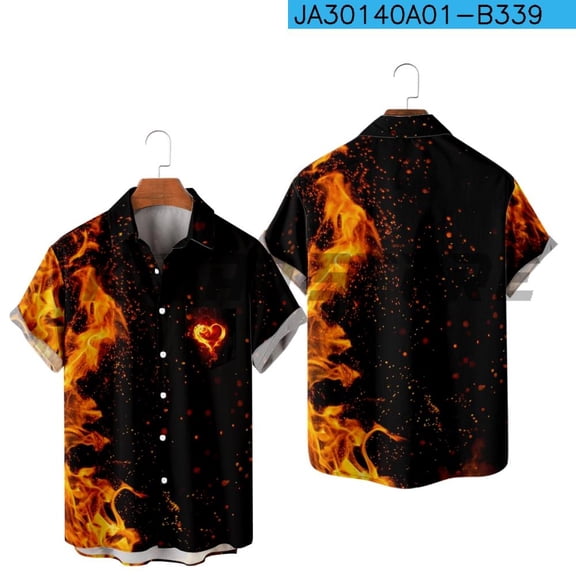 Casual Button Down Shirts For Men Flame Style Harajuku Color Block Turndown Outdoor Street Short Sleeve Shirt