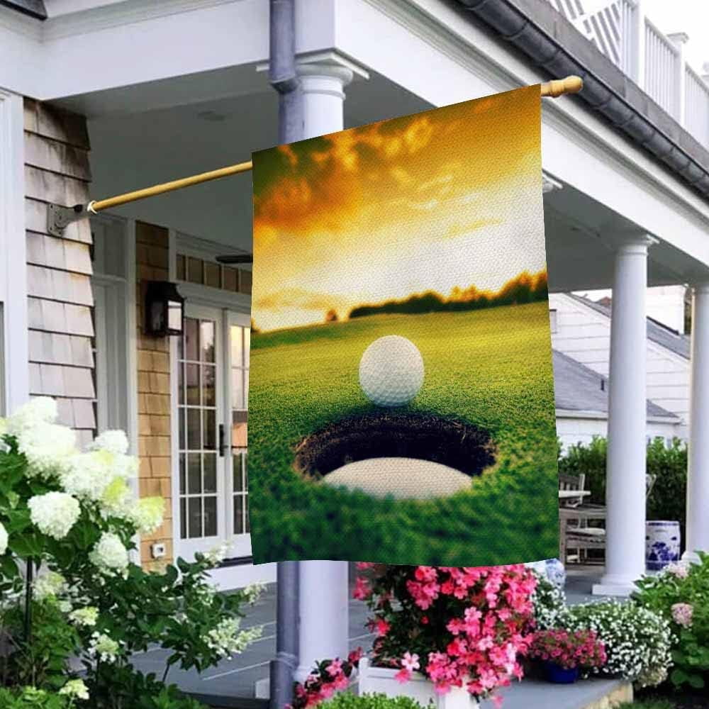 Golf House Flag Vertical Double Sided Burlap Detail on the Lawn At Dusk Golf Club Farmhouse Yard Outdoor Seasonal Flags Decoration 28 x 40 Inches