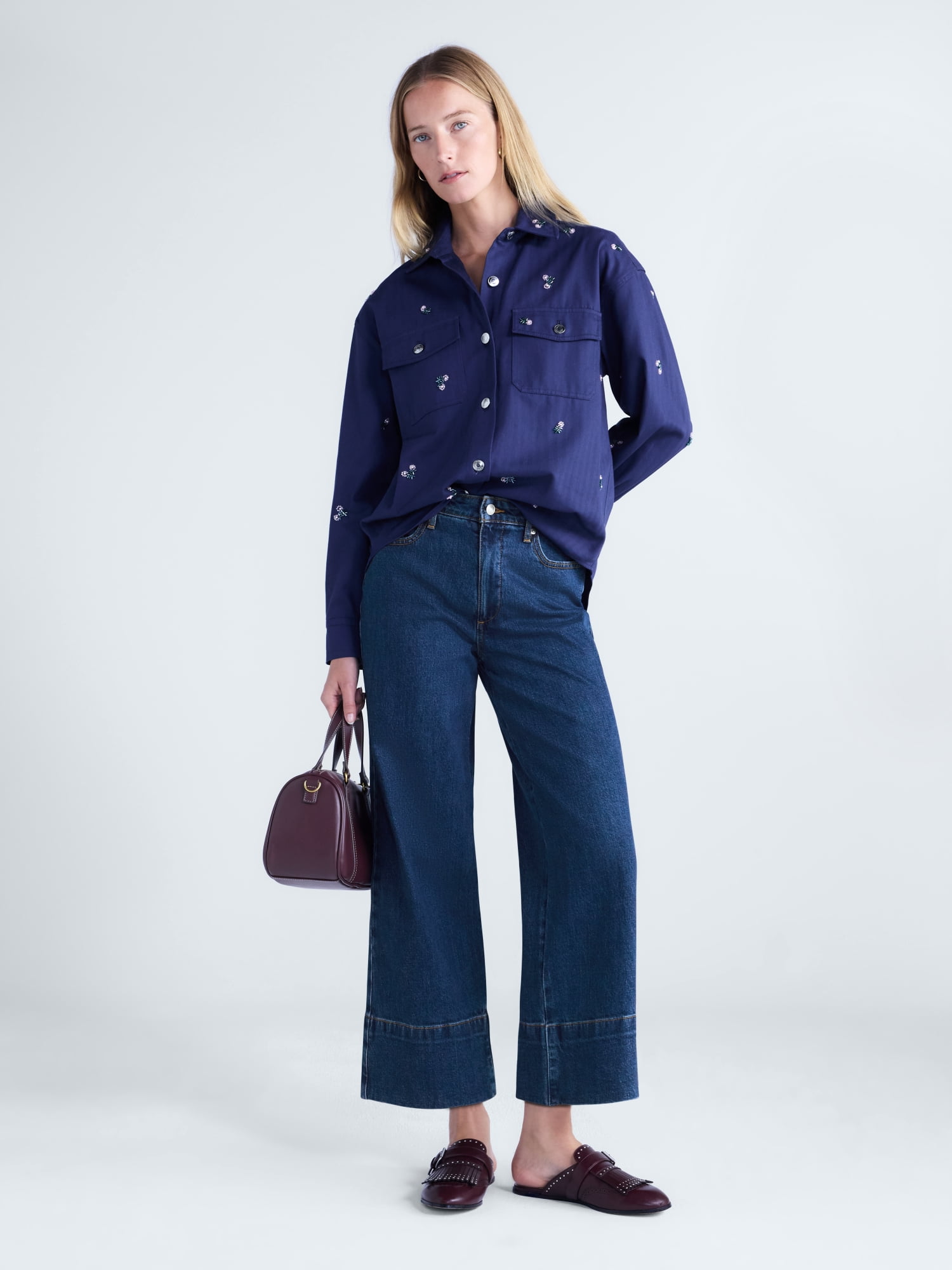 Free Assembly Women's High Rise Wide Leg Cuffed Ankle Jeans, 27” Inseam, Sizes 0-16