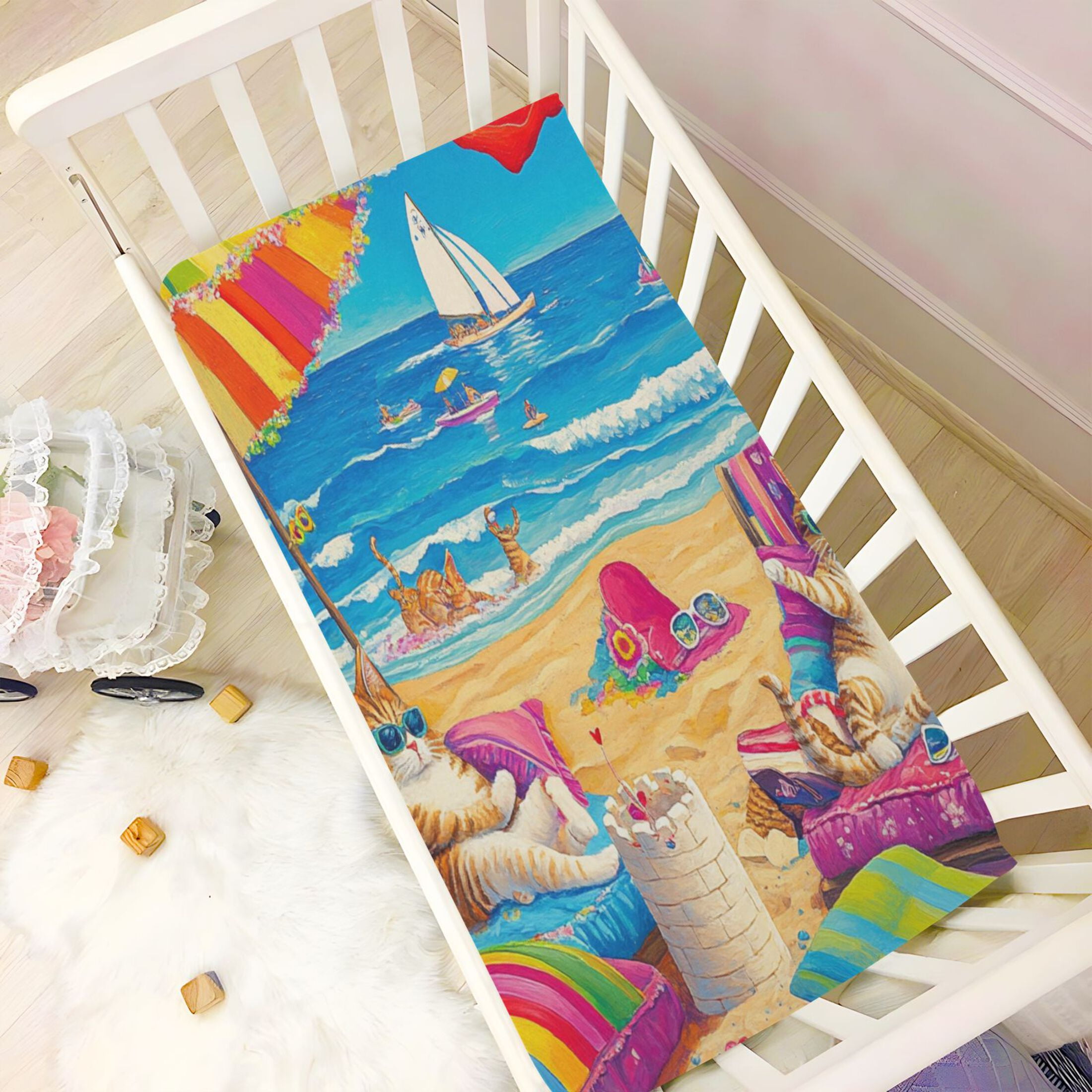 BZSMCE Ultra Soft Fitted Microfiber Crib Sheets for Newborn Baby Boys Girls Cats Enjoying on The Beach Design Cute Pattern