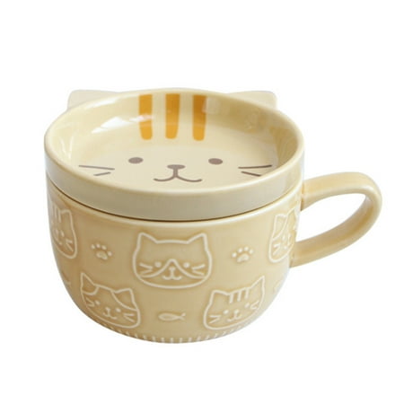 

DTYUIER Creative Ceramic Coffee Mugs with Lid Cute Cat Porcelain Cup Family Breakfast Milk Juice Cup Beverage(Yellow)