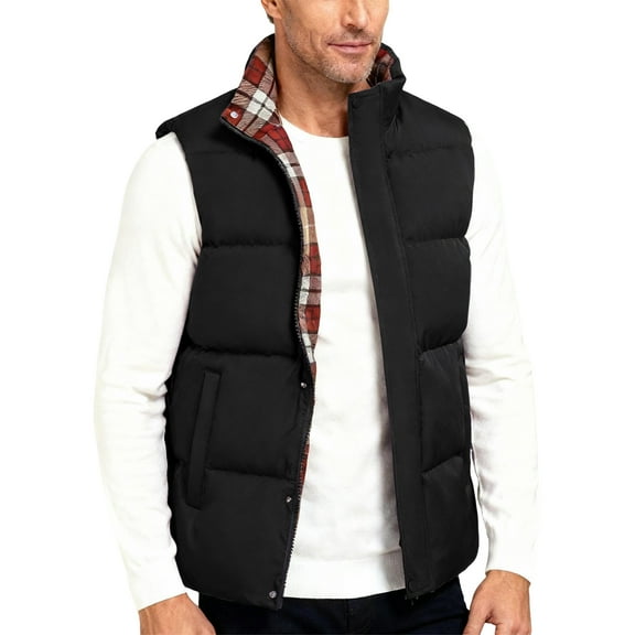 Men's Solid Color Winter Quilted Vest Stand Collar Thick Sleeveless Jacket with Pockets Outdoor Warm Gilet Black Size L