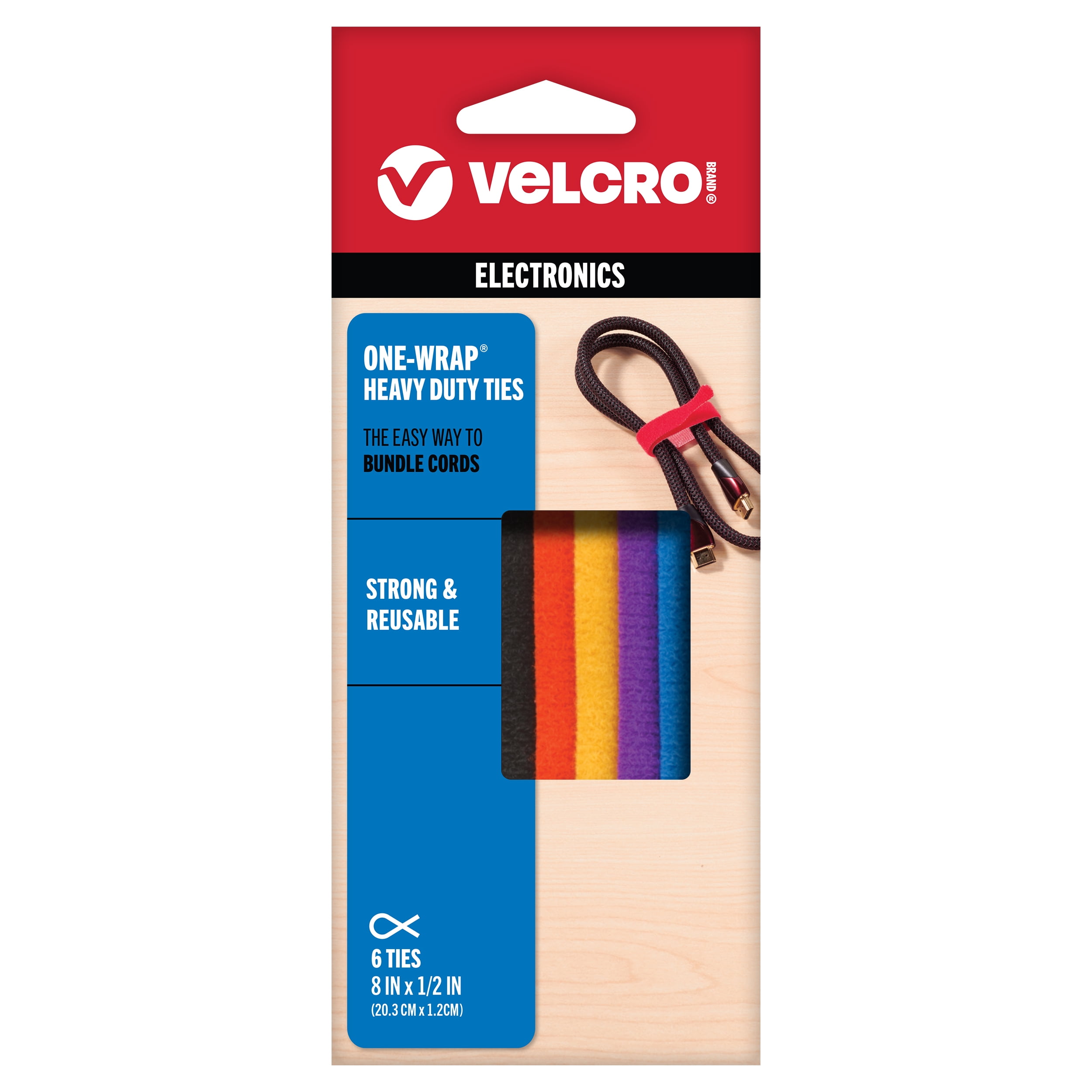 (2 pack) VELCRO Brand ONE-WRAP Heavy Duty Ties for Electronics, Multicolor 8" x 1/2" Reusable Ties 6 Count