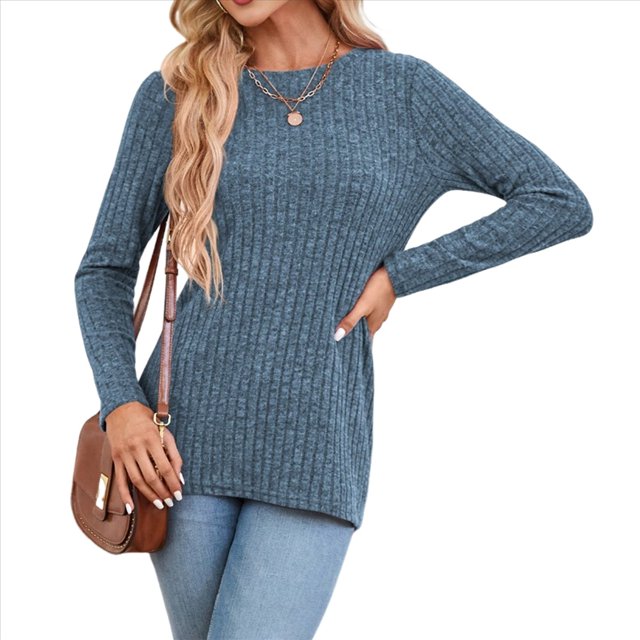Camisas de Larga para Mujer, Cuello Redondo, Túnicas Casuales Azul M