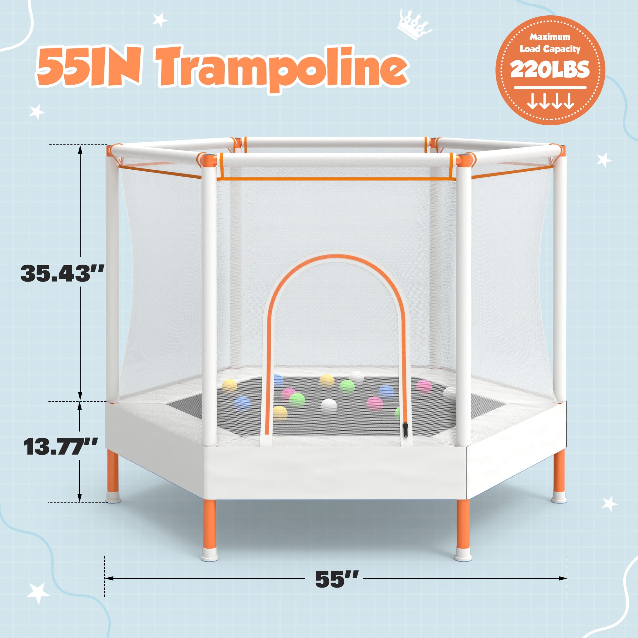 SHINPT 55'' Kids Trampoline with Safety Net, No-Gap Toddler Trampoline Indoor&Outdoor, Mini Trampoline for Kids Ages 3-8, 4.5FT Small Trampoline with Enclosure, Easy Assembly