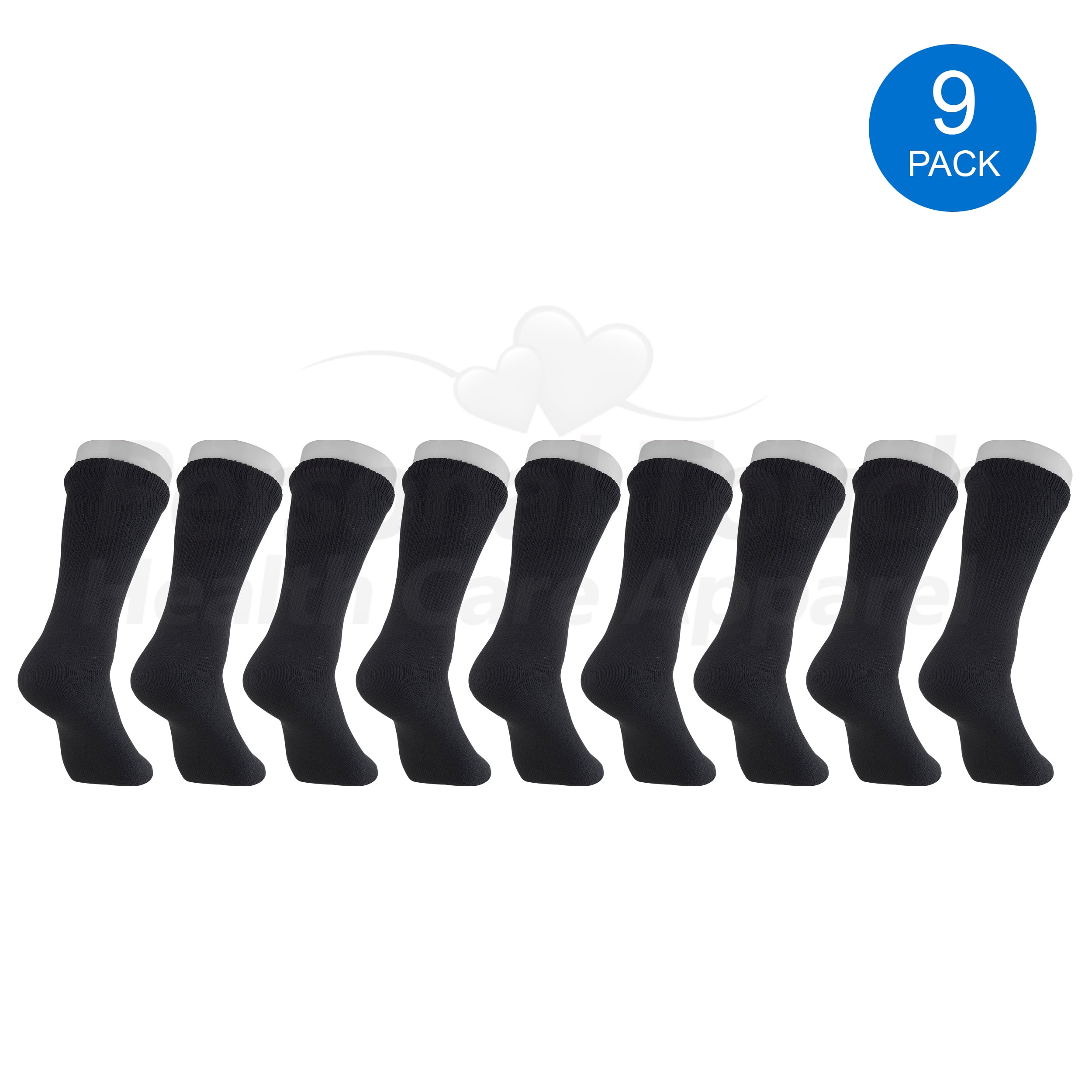 Diabetic Socks Men's & Women Crew Style Physicians Approved Socks, 9 Pairs, (Black, 10-13)